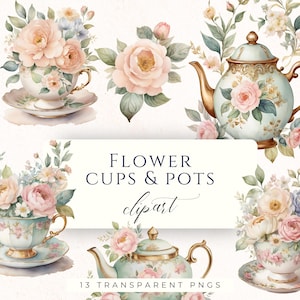 Vintage Floral Teapot Clipart Set PNG, Watercolor Tea Cup Graphics for Scrapbooking, Cardmaking and Junk Journals