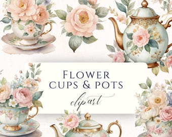 Vintage Floral Teapot Clipart Set PNG, Watercolor Tea Cup Graphics for Scrapbooking, Cardmaking and Junk Journals