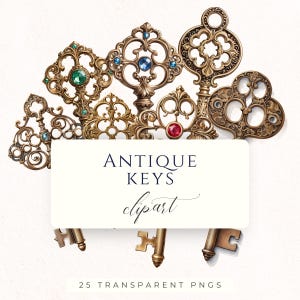 Può includere: Un assortimento di chiavi antiche in vari design ornati, alcune decorate con pietre preziose colorate. L'immagine presenta un'etichetta rettangolare con le parole "ANTIQUE KEYS clipart" e il testo "25 TRANSPARENT PNGS".
