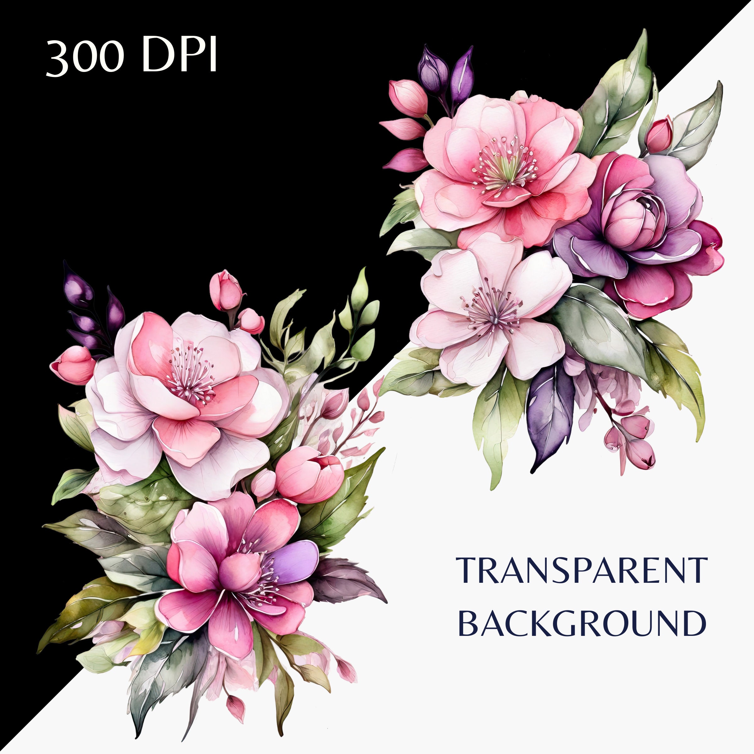 Watercolor Flowers Clip Art PNG, Purple Floral Clipart, Instant