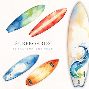 Watercolor Surfboard Clipart Set, Beach Vacation PNG Images, Summer Crafting Clip Art, Commercial Use