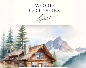 Cabane en rondins aquarelle Clipart ensemble PNG, graphismes de chalet en bois pour le scrapbooking, la fabrication de cartes et la création de papier