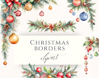 Watercolor Christmas Border Clipart PNG, Festive Garland Graphics for Junk Journals, Scrapbooking and Cardmaking