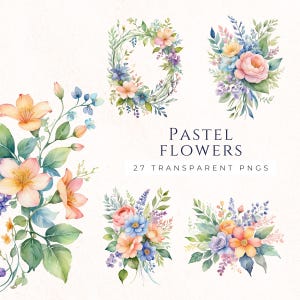 Clipart fleur pastel, Images de scrapbooking, Fournitures créatives en papier, Journal indésirable, Bouquet pastel doux, Images clipart aquarelle