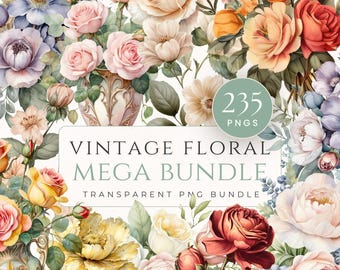 Paquete gigante de imágenes prediseñadas botánicas vintage para álbumes de recortes, 235 archivos PNG florales en acuarela, gráficos shabby chic para scrapbooking, uso comercial.