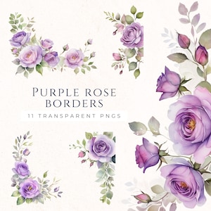 Clipart di rose viola acquerello, immagini PNG con download immediato, forniture per scrapbooking, creazione di biglietti, invito di nozze