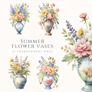 Zomerbloemen vaas illustraties, scrapbooking ambachtelijke bloemenafbeeldingen, aquarel bloem png-afbeeldingen, kaart decor instant download, VAS003
