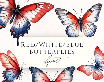Imágenes prediseñadas de mariposas patrióticas en formato PNG, gráficos de acuarela en rojo, blanco y azul, conjunto de insectos del 4 de julio.