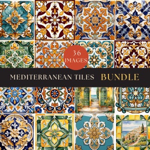 Mediterranean Tile Clipart Bundle, Watercolor Tile Graphics, Portuguese Italian Spanish Blue White Tiles, Digital Download, MED001