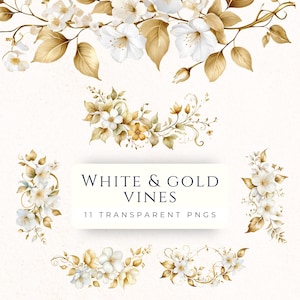 ホワイトゴールドの花のつるのクリップアート、即時ダウンロード、ウェディングクリップアート、ペーパークラフト画像、スクラップブックグラフィック、クラフト用品