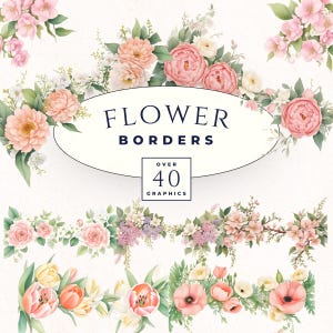 Bundle de cliparts bordure fleurie, créations florales en papier, matériel de fabrication de cartes, téléchargement immédiat d'images de scrapbooking, tulipes roses lilas