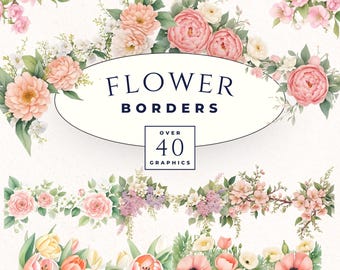 May include: A collection of over 40 watercolor flower borders. The borders feature various flowers, including roses, tulips, and cherry blossoms, in shades of pink, white, and yellow. The borders are perfect for adding a touch of elegance and beauty to any project.