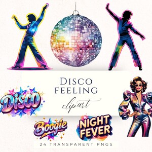 Könnte beinhalten: Eine Sammlung von Disco-Clipart-Bildern. Enthält eine Discokugel, tanzende Figuren und Text mit der Aufschrift "Disco Feeling", "Disco", "Boogie" und "Night Fever". Die Bilder sind farbenfroh und lebendig, mit einer Retro-Ästhetik.