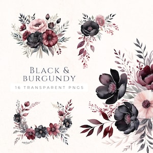 Clipart fleur noir bordeaux, bouquets de fleurs gothiques, téléchargement immédiat PNG, graphismes scrapbooking, conception de mauvaise humeur
