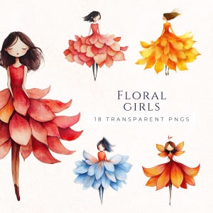 Clipart floral lunatique de femmes, essentiels de scrapbooking, fourniture de fabrication de cartes, PNG de fleur d'aquarelle, art coloré de fleur