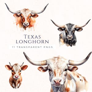 Texas Longhorn Clipart Farmhouse Decor, Cow PNG Instant Download, Barnyard Animal Images, Longhorn Cow Clip Art