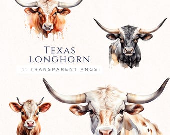 Texas Longhorn Clipart Farmhouse Decor, Cow PNG Instant Download, Barnyard Animal Images, Longhorn Cow Clip Art
