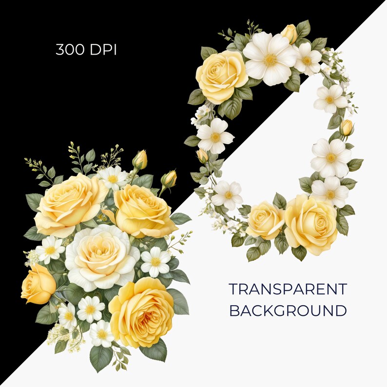 Soft Yellow Roses Border Soft Yellow Roses Clipart, Bouquet Floral Digital Art, Rose PNG Bundle ...