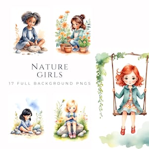 Süße Aquarell Kinder Clipart, Mädchen in der Natur PNG, Instant Download Kinderzimmer Dekor, Tochter, Kindergeburtstag