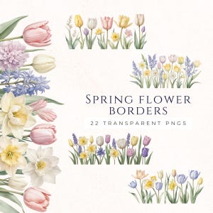 Fleurs de printemps bordure des cliparts, téléchargement numérique PNG, fournitures de fabrication de cartes, fleurs de Pâques, aquarelle florale, Scrapbooking