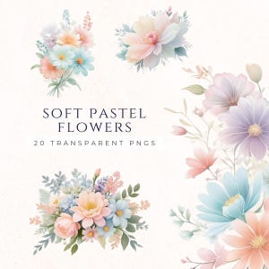 Clipart PNG de fleurs pastel, couleurs pastel douces, éléments floraux de scrapbooking, décoration de baby shower, éléments de conception