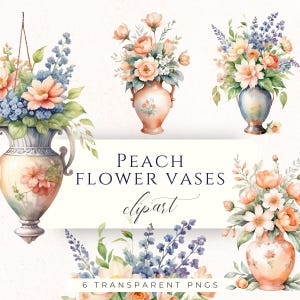 Peut inclure: Clipart à l'aquarelle présentant six vases de fleurs pêche avec des compositions florales. Les vases présentent des fleurs pêche, bleues et blanches. Le texte "PEACH FLOWER VASES clipart" est affiché, ainsi que "6 TRANSPARENT PNGS" sur fond blanc.