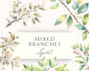 May include: A watercolour illustration of mixed branches with green and yellow leaves, and delicate white and pink flowers. The image includes the text "MIXED BRANCHES clipart" and "20 TRANSPARENT PNGS".