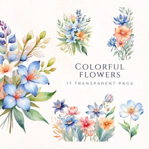 Colorful Flower Clipart PNG Images, Watercolor Floral Clip Art, Scrapbooking Supplies, Instant Download, Commercial Use