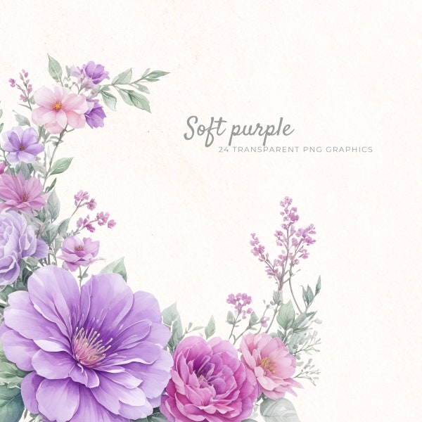 Soft Purple Flowers Clipart, Watercolor Floral PNG, Instant Download Lilac Botanical Art, Scrapbooking, Decorative Clip Art