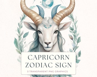 Imágenes prediseñadas en acuarela del zodíaco Capricornio en formato PNG, gráficos astrológicos de cumpleaños de diciembre y enero para álbumes de recortes y tarjetas, ZOD008
