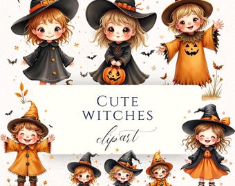 Witch Kids Clipart PNG, Cute Halloween Children Graphics for Party Invitations and Cardmaking, CA001