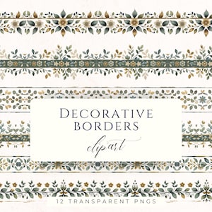 May include: A collection of twelve horizontal decorative borders featuring repeating floral and leafy patterns in shades of muted green, gold, and brown. The text DECORATIVE BORDERS clipart 12 TRANSPARENT PNGS is centered.