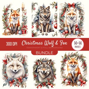 Bundle de cliparts Noël loup renard, téléchargement immédiat PNG, fournitures pour albums de scrapbooking, graphiques de journal intime, décoration de vacances, clipart de Noël, créations artisanales en papier