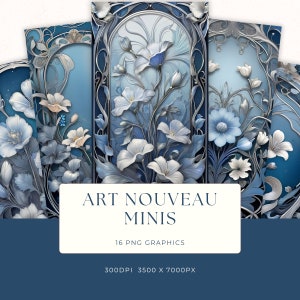 Art Nouveau Blue Silver Images Clipart, Design Tools, Watercolor Graphic, Digital Download, PNG Images, Scrapbooking Paper Craft, ANO005