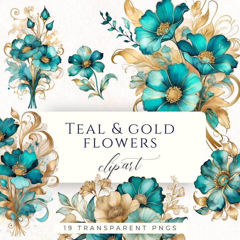 Teal and Gold Flower Watercolor Clipart PNG, Elegant Floral Graphics ...