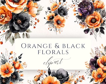 Orange and Black Halloween Flower Clipart PNG, Spooky Floral Graphics for Cardmaking and Scrapbooking