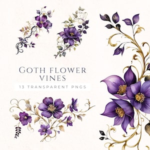 Gothic Blumenrebe Clipart-Set, Lila & Gold Blumen Bilder, Scrapbook Cardmaking Versorgung, Journaling Dekor, Papier Handwerk