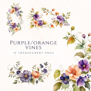 Clipart paarse oranje bloem wijnstok, Halloween bloemen illustraties, Instant Download PNG, Scrapbookafbeeldingen, levering kaarten maken, Paper Crafting