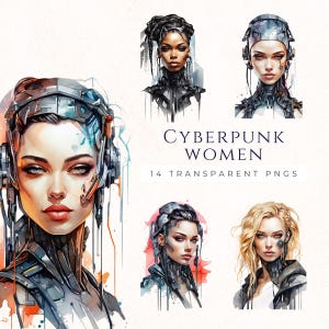 Aquarel cyberpunk vrouw digitale download, plakboekafbeeldingen, aanbod kaarten maken, papier ambachtelijke clipart, creatieve projecten