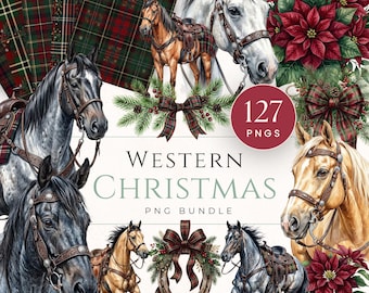 Paquete de imágenes prediseñadas navideñas del Oeste / Gráficos PNG de acuarela de caballo Quarter Horse, cuadros escoceses y flor de Pascua
