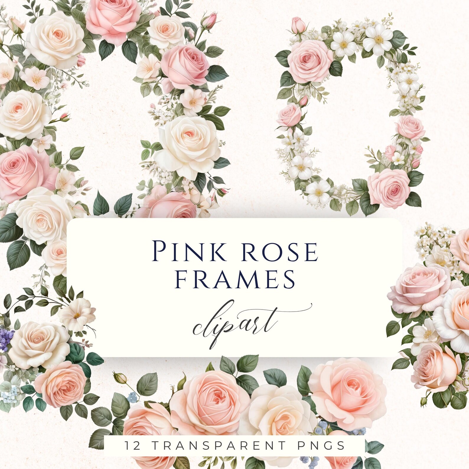 Pink Rose Flower Frame Watercolor Clipart PNG, Wedding Floral Graphics ...