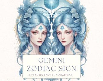 Gemini Zodiac Watercolor Clipart Set PNG, Astrology Horoscope Graphics for Scrapbooking, Cardmaking and Birthday Decor, ZOD006