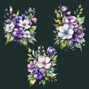 Watercolor Flower Clipart, Blue Purple Floral PNG, Garden Decor Digital