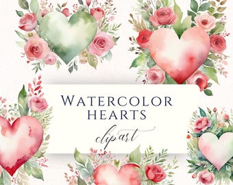 May include: Watercolor hearts clipart featuring heart shapes in shades of pink and green, surrounded by roses and greenery. The image includes the text "Watercolor Hearts clipart" and "15 Transparent PNGs".