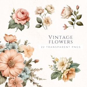 Vintage Style Flowers Clipart, Shabby Chic Decor, Retro Clipart, Akwarelowe grafiki kwiatowe, Boho Florals, Dekoracja kartek, Scrapbooking