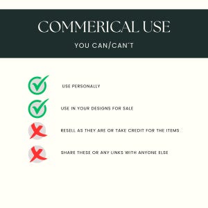 May include: A graphic with the text "COMMERICAL USE" and "YOU CAN/CAN'T". It lists what is and isn't allowed, including personal use and use in designs for sale. It prohibits reselling or sharing.