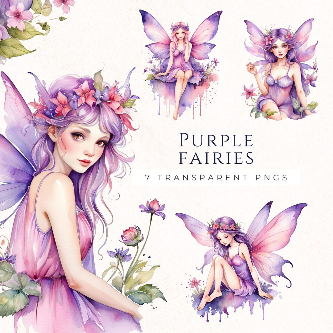 Purple Fairy Clipart, Watercolor Fairies Clip Art, Fantasy PNG Files ...