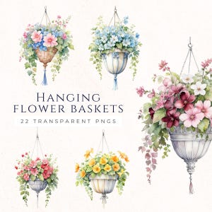 Clipart aquarelle de panier de fleurs, pot de fleur suspendu, clipart jardin, Images de scrapbooking, Journal indésirable, Fournitures de bricolage