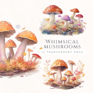 Ensemble de cliparts lunatique de champignon, graphiques d'automne d'aquarelle, téléchargement immédiat PNG, Images de scrapbooking, usage Commercial