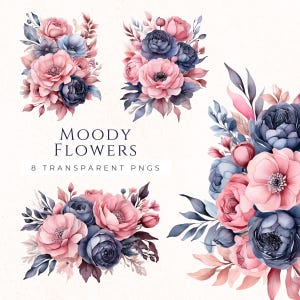 Clipart de flor rosa, buquê azul temperamental, flores azuis empoeiradas, clip art de scrapbooking, download instantâneo PNG, MOF003